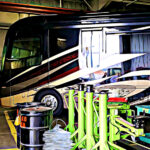 Luxury,Motorhome,Recreational,Vehicle,Rv,In,Repair,Shop,With,Reflections