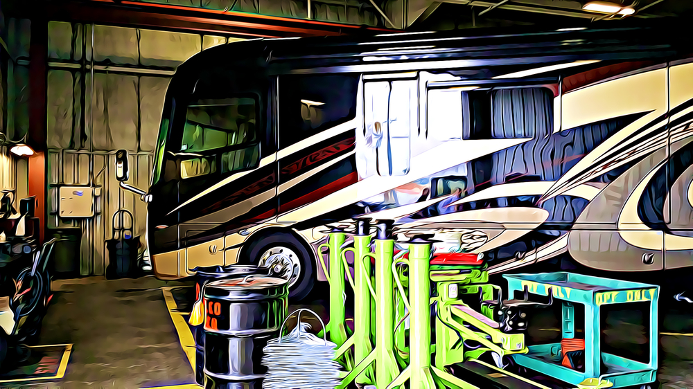 Luxury,Motorhome,Recreational,Vehicle,Rv,In,Repair,Shop,With,Reflections